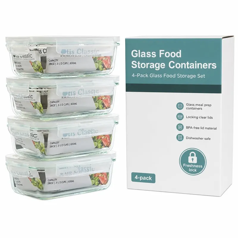 Otis Classic Glass Food Storage Containers, 4-Pack, 28 oz, Transparent Lids
